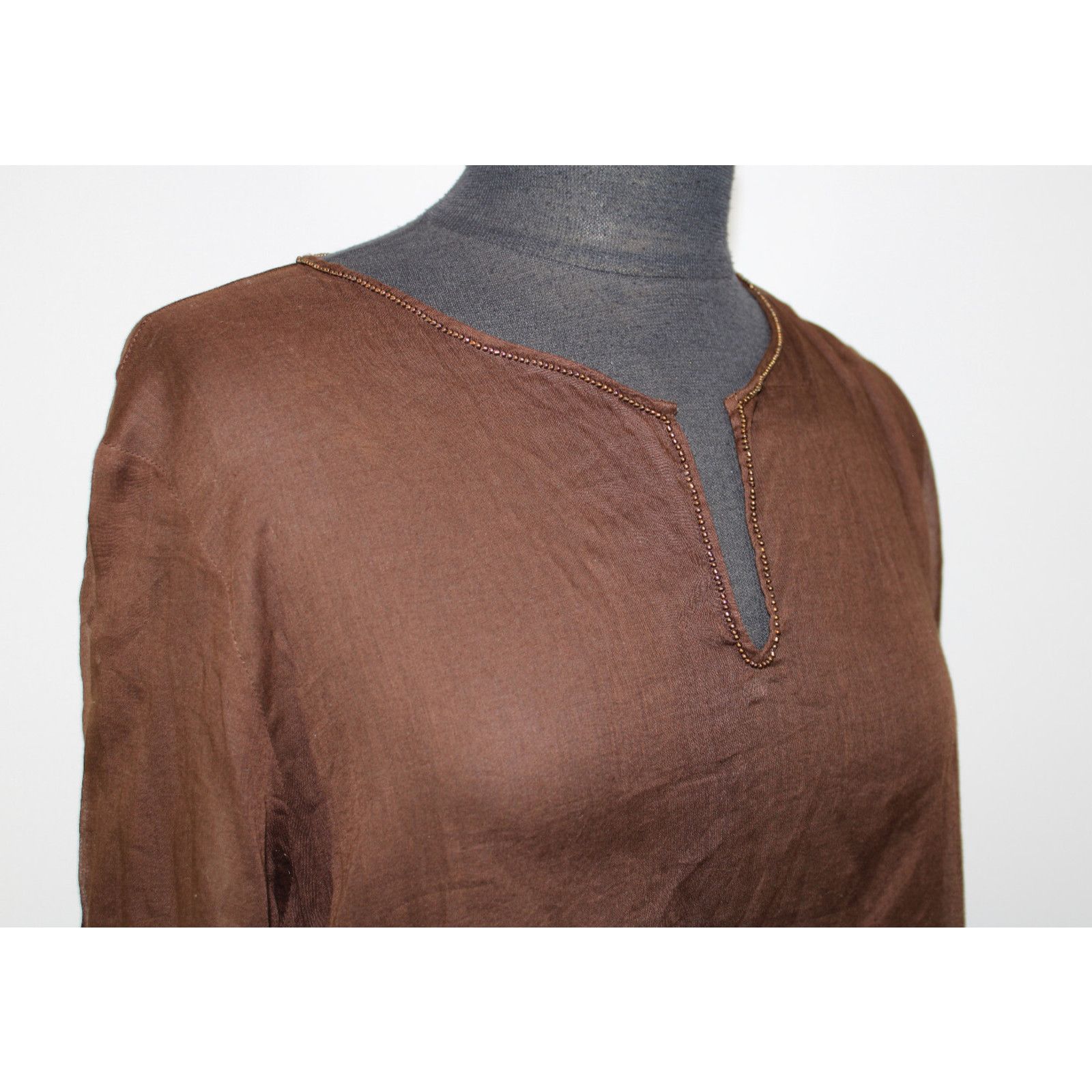 Eileen Fisher EILEEN FISHER Chiffon Tunic Dress Brown Cotton Rhinestone L Size L / US 10 / IT 46 - 2 Thumbnail