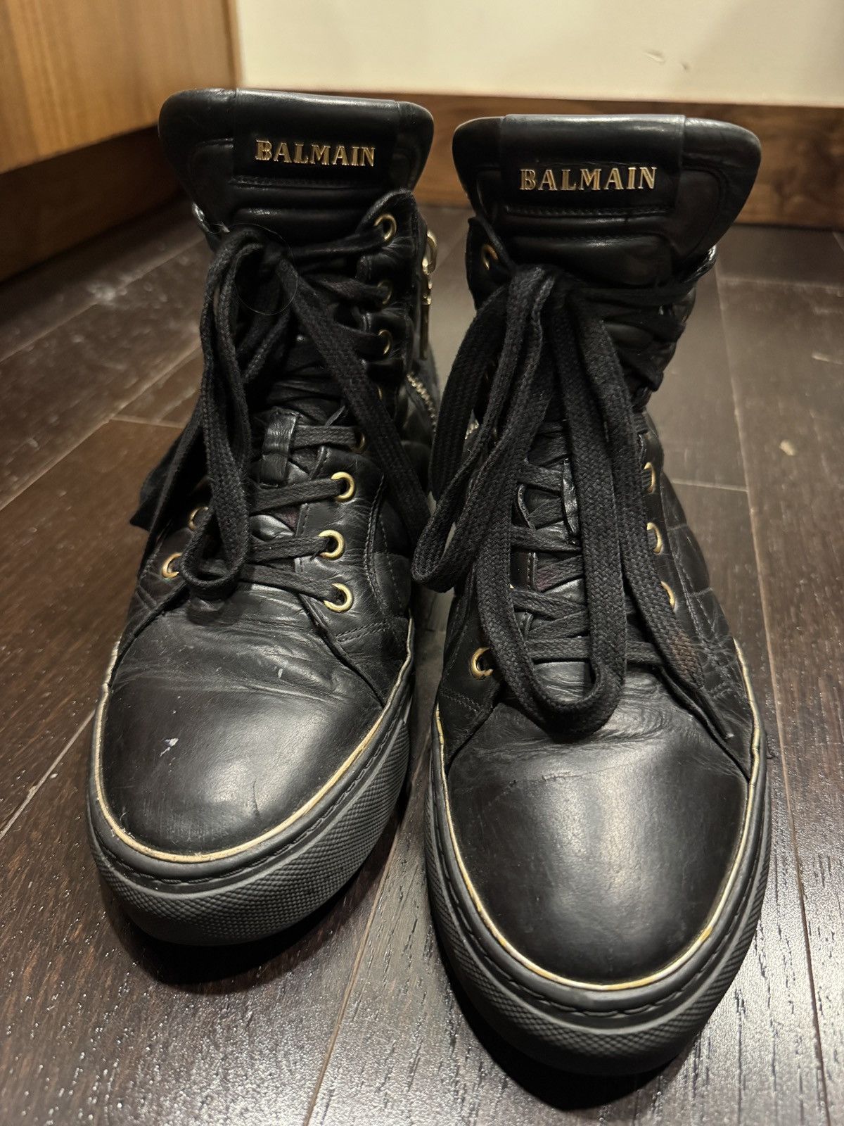 Balmain Quilted High Top Balmain Sneakers Black Gold Size US 8 / EU 41 - 8 Thumbnail