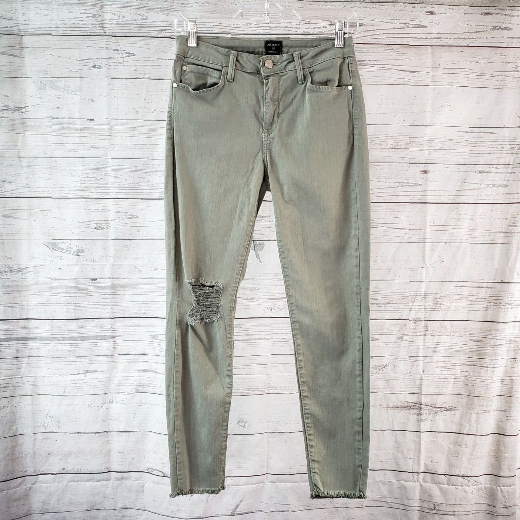 Vintage JUST BLACK Womens Skinny Cropped Jeans Sz 27 Green Distressed Raw Hem Mid Rise Denim Cotton Blend Crosscheck Zip Inseam 25.5in Women's Jeans Size 27" / US 4 / IT 40 - 2 Thumbnail