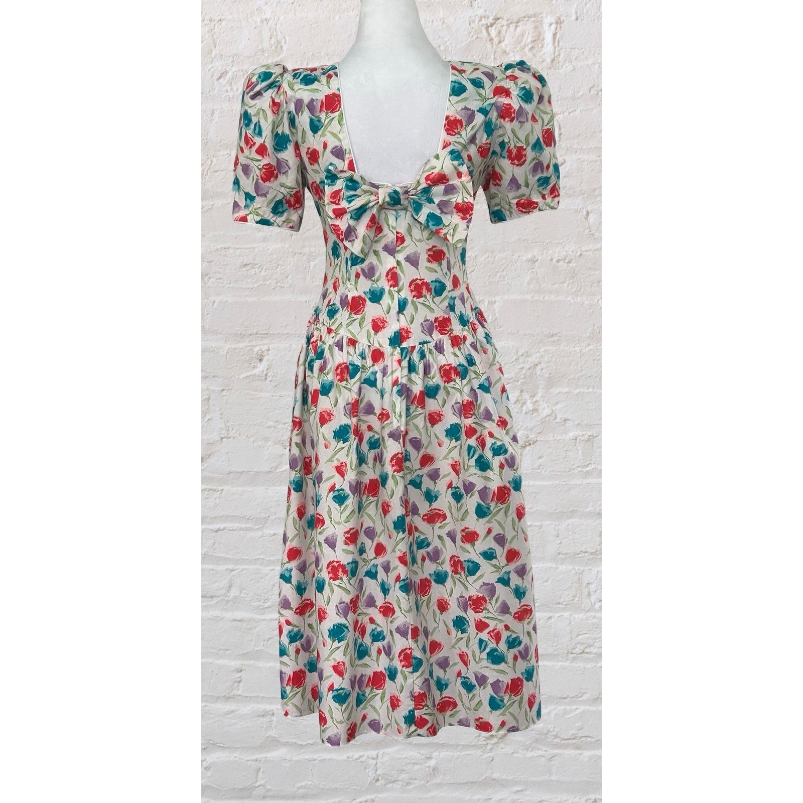 Other Vintage Jody Floral Midi Dress 6 S Puff Sleeve Cottagecore Size M / US 6-8 / IT 42-44 - 2 Thumbnail