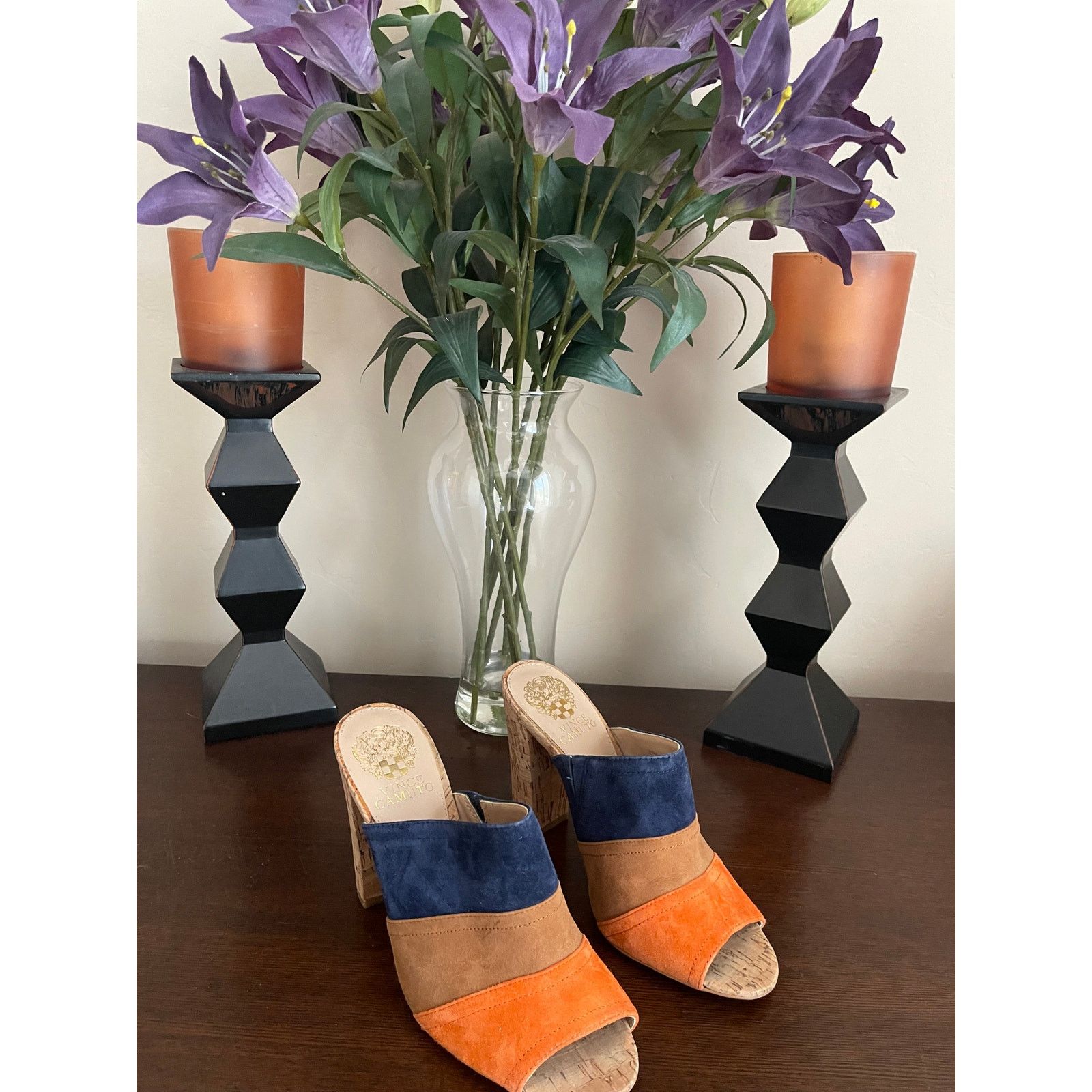 Vince Camuto VINCE CAMUTO Color-Block Suede Cork-Heel Mules – Size 7 Size US 7 / IT 37 - 1 Thumbnail