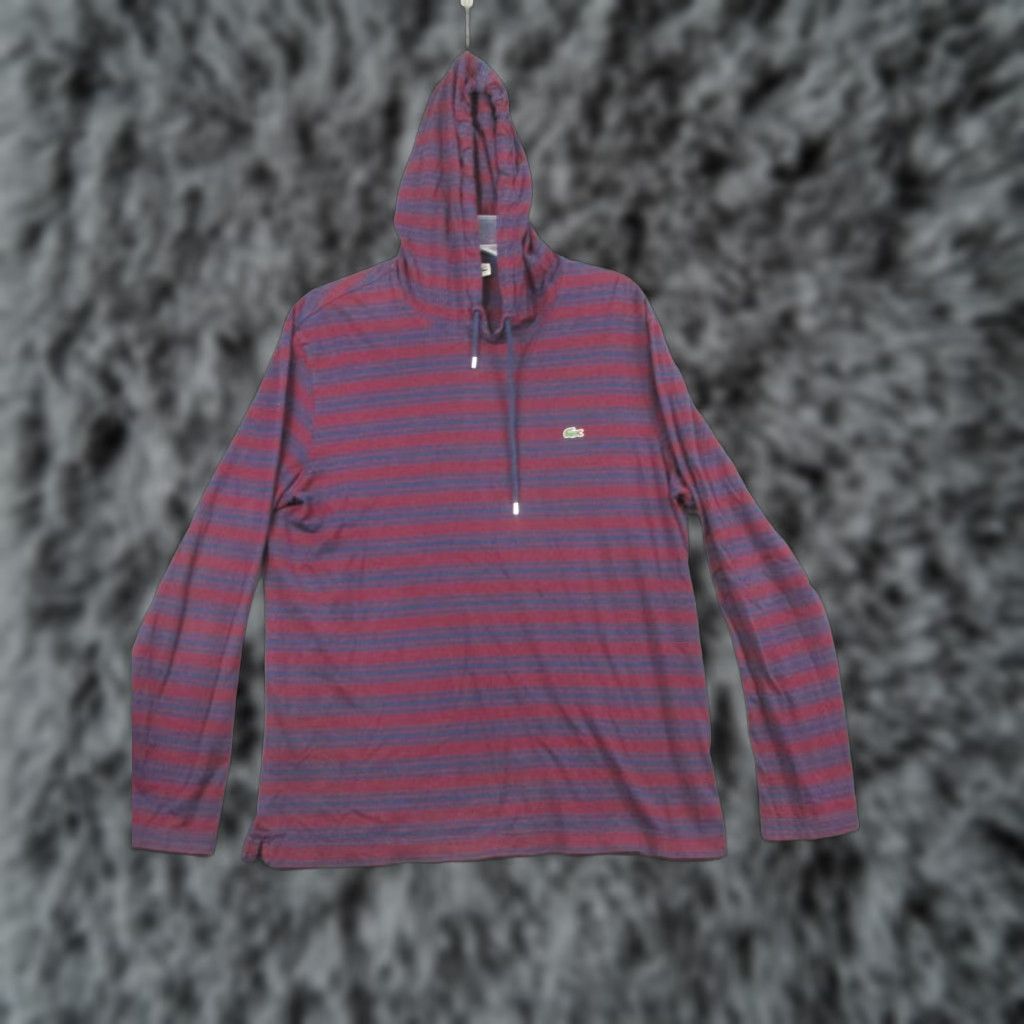 Lacoste Lacoste Hoodie Mens XL Burgundy Striped Pullover Regular Fit Hoodie Long Sleeve with Logo, Striped, Cotton, Lightweight, All Seasons, Red/Blue, Mens Size US XL / EU 56 / 4 - 1 Thumbnail