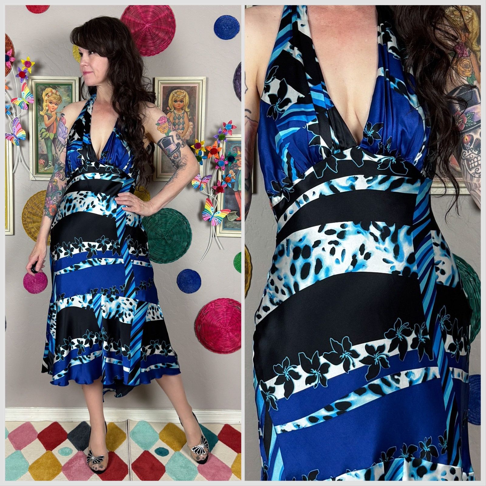 Vintage 1990s Blue & Black Abstract Print Silk Backless Halter Dress Size M / US 6-8 / IT 42-44 - 1 Thumbnail