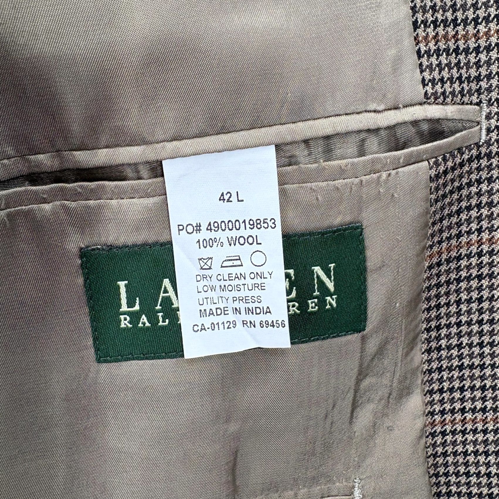 Ralph Lauren VINTAGE Lauren Ralph Lauren Blazer Mens 42L Brown Wool Houndstooth Plaid Sport Coat Size 42R - 7 Thumbnail