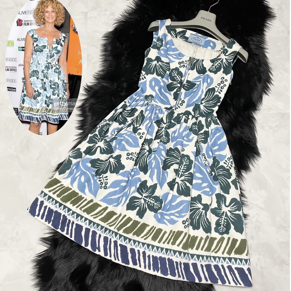 Prada Floral Pattern Hibiscus Sleeveless Dress 38 Multicolor