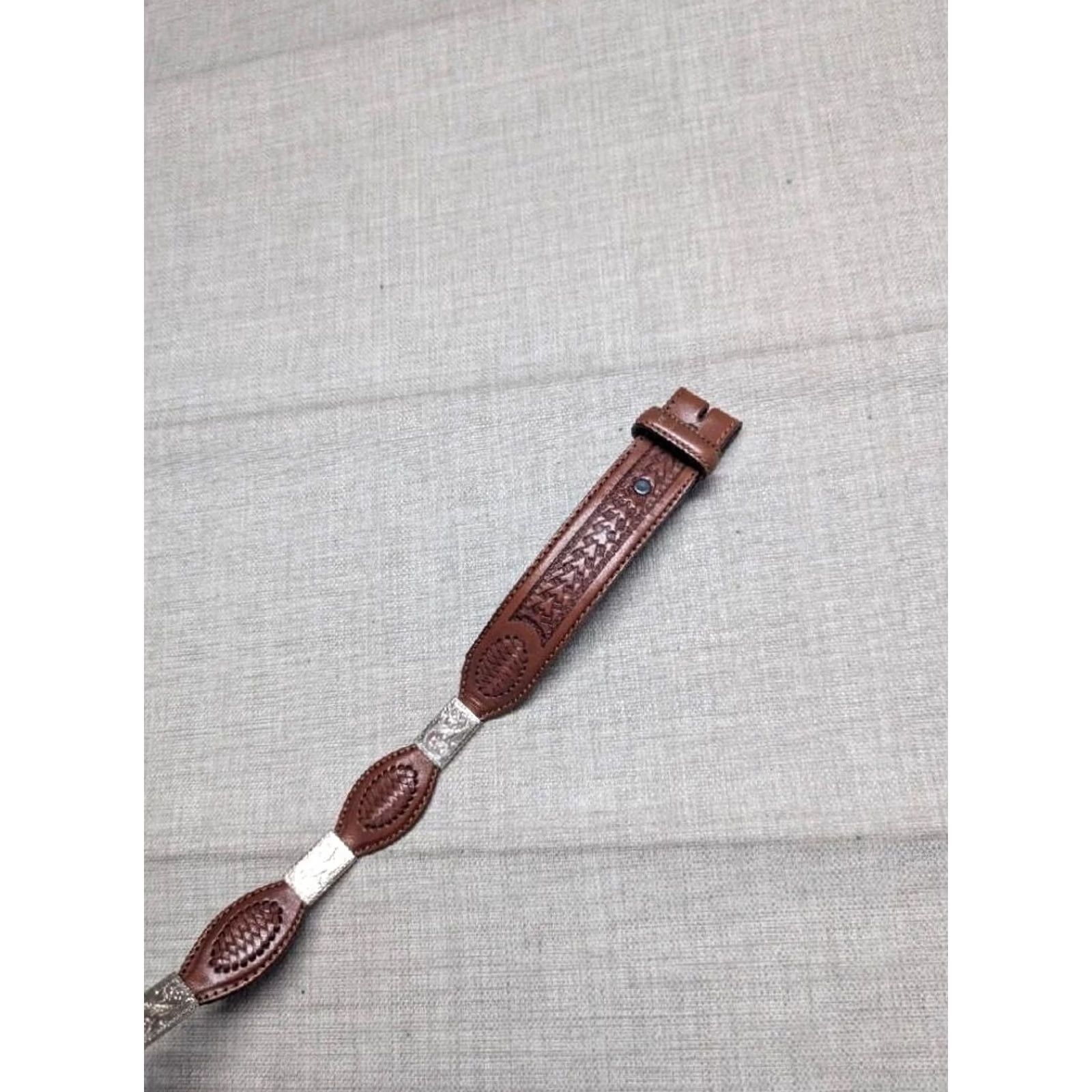 Vintage VINTAGE Justin western belt Concho tooled leather brown 32 buckle scalloped belt rodeo Southwestern Mens Size 32 - 5 Thumbnail
