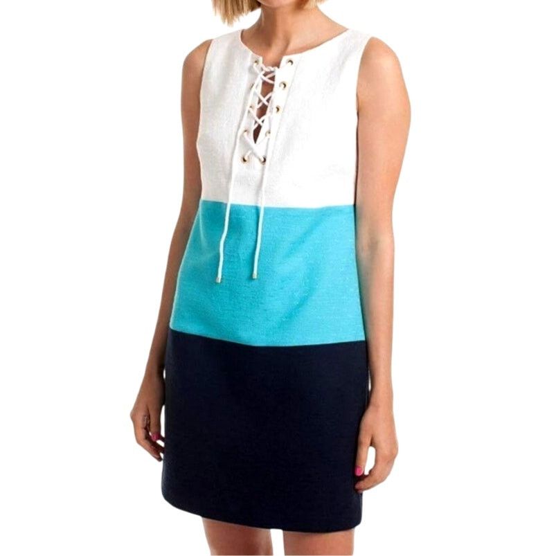Trina Turk Trina Turk White Blue Navy Colorblock Lace Up Neckline Dress Size XS / US 0-2 / IT 36-38 - 1 Thumbnail