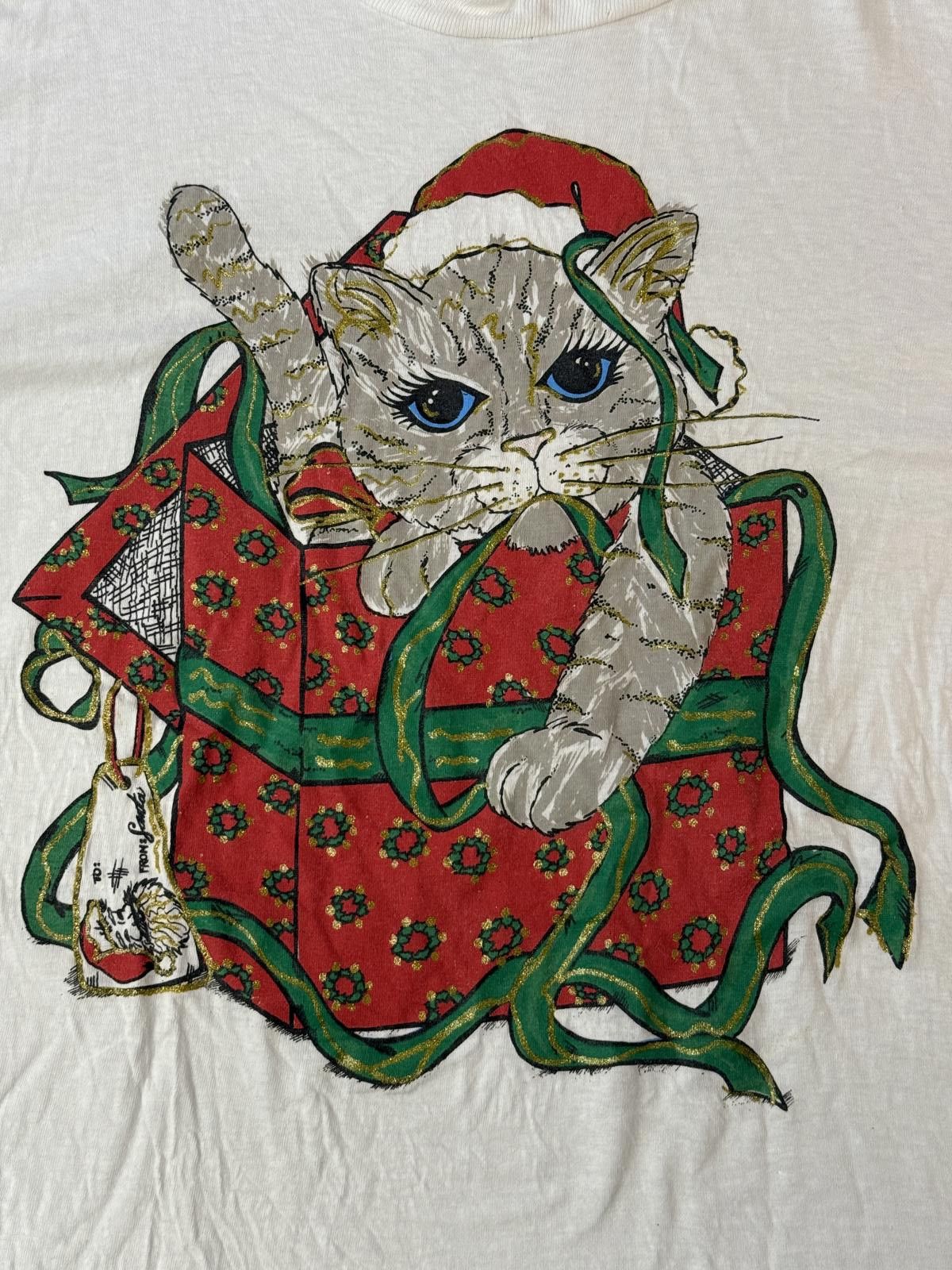 Designer VTG 90s Cat Merry Christmas Gift Box T-shirt Xmas Kitty XL Size US XL / EU 56 / 4 - 3 Thumbnail