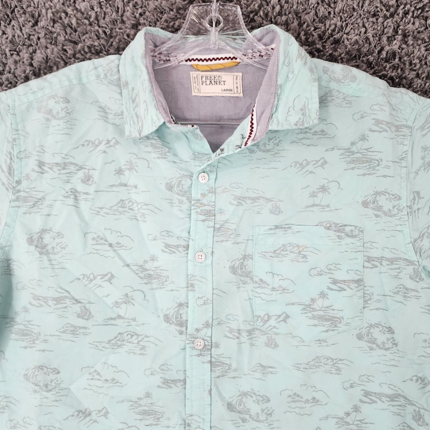 Vintage FREE PLANET Men's Blue Short Sleeve Button-Up Shirt Palm Tree Cotton Blend Size L Size US 33 - 4 Thumbnail