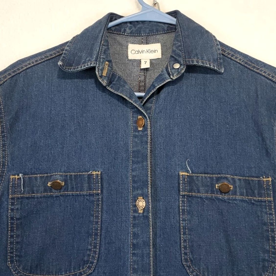 Calvin Klein VINTAGE Calvin Klein Denim Jumper Dress Long Sleeve Midi Blue 7 Women USA 80s Retro Shirt Dress with Pockets Size M / US 6-8 / IT 42-44 - 4 Thumbnail