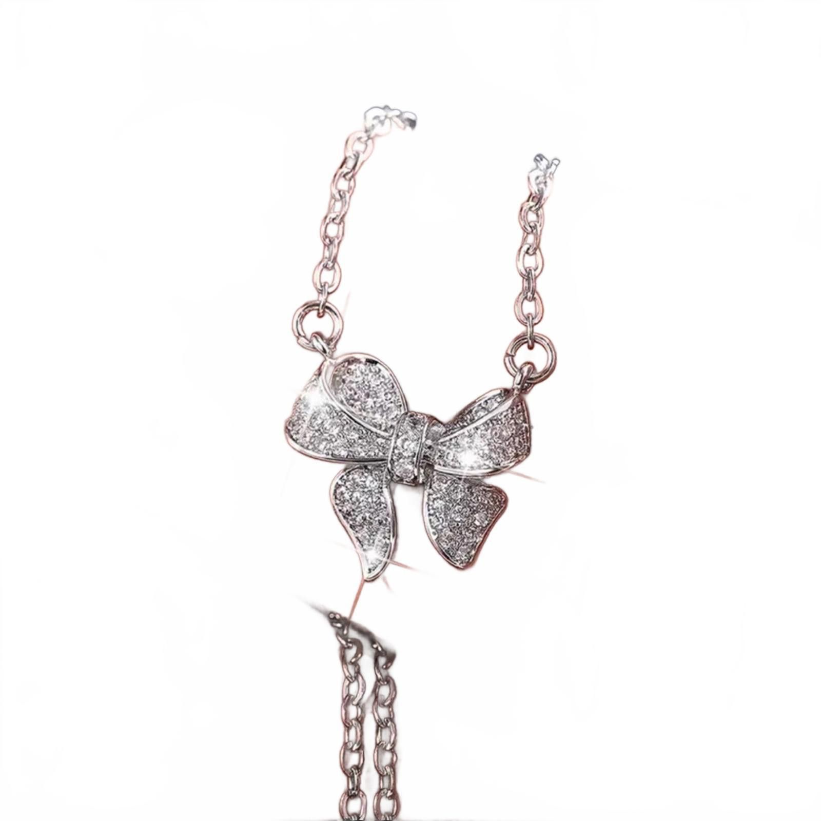 Designer Diamond CZ Bow Knot Necklace Silver Finish NWT Size ONE SIZE - 3 Thumbnail