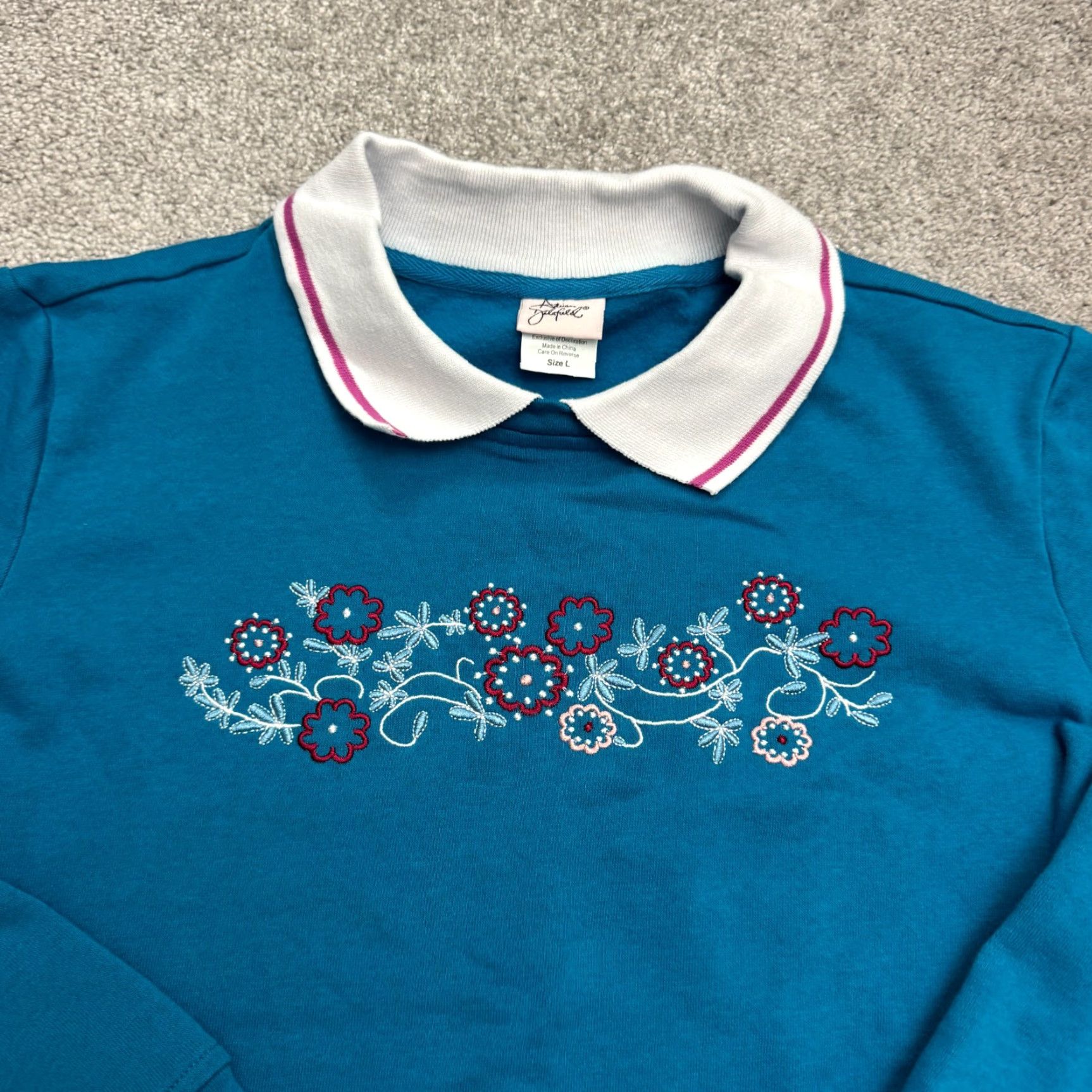 Vintage Adrian Delafield Womens Collared Pullover Sweatshirt L Blue Floral Embroidered Knit Shirt Womens Regular Size L Size L / US 10 / IT 46 - 3 Thumbnail