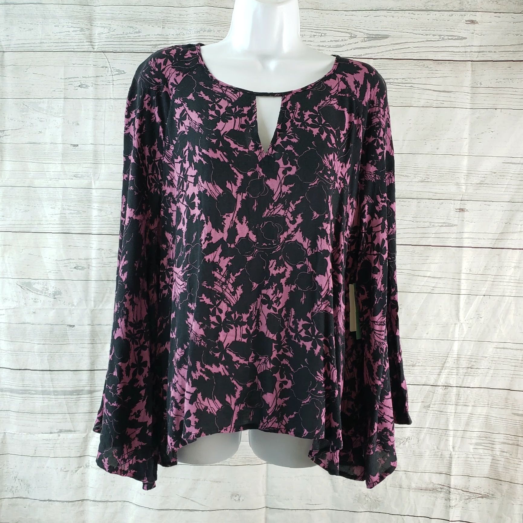 Vintage Abound Womens Blouse Shirt Long Sleeve Size M Purple Black Floral Keyhole Narrow Sleeve Vintage No Size M / US 6-8 / IT 42-44 - 2 Thumbnail