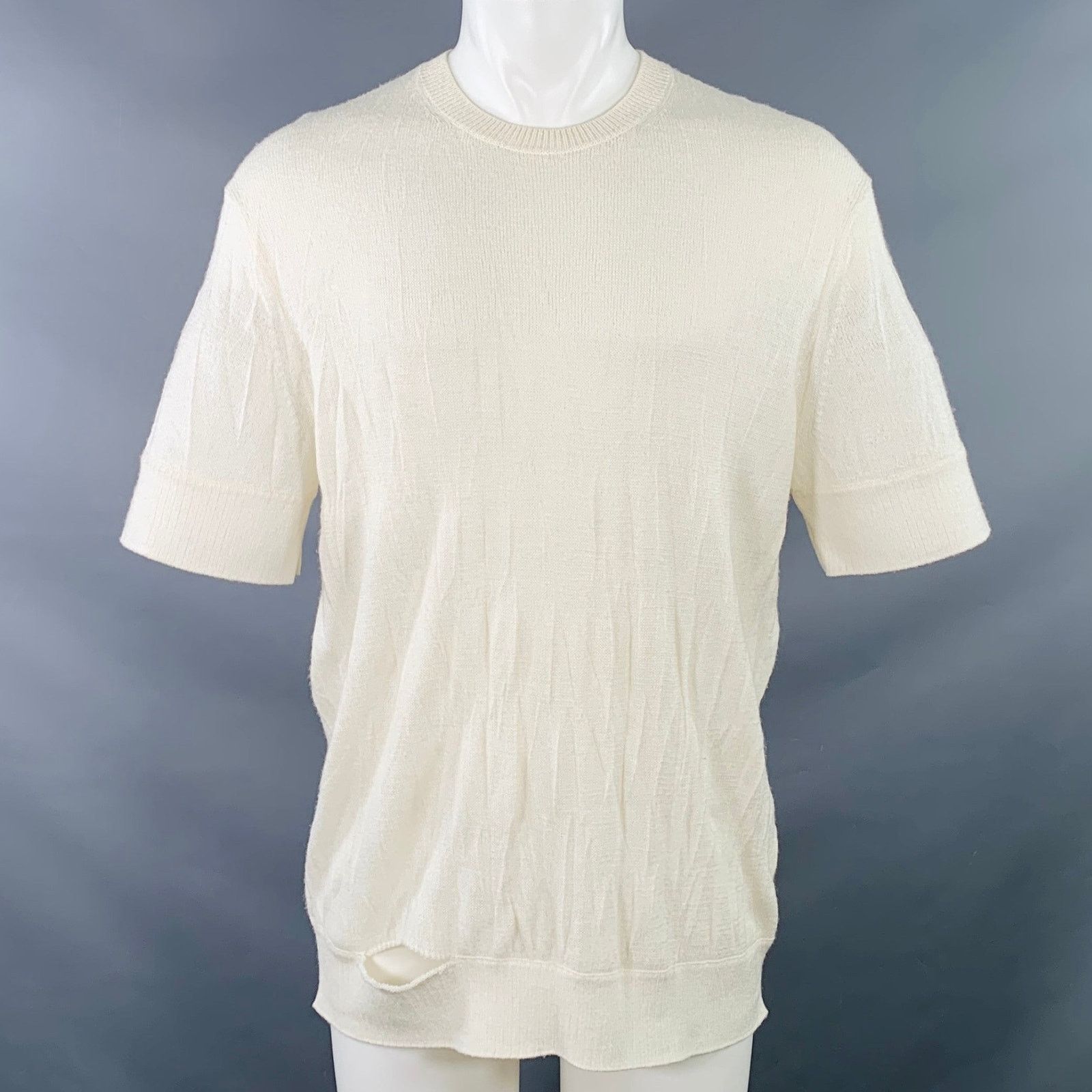 Helmut Lang Cream Ivory Knit Merino Wool Crushed Short Sleeve T-shirt Size US S / EU 44-46 / 1 - 1 Thumbnail