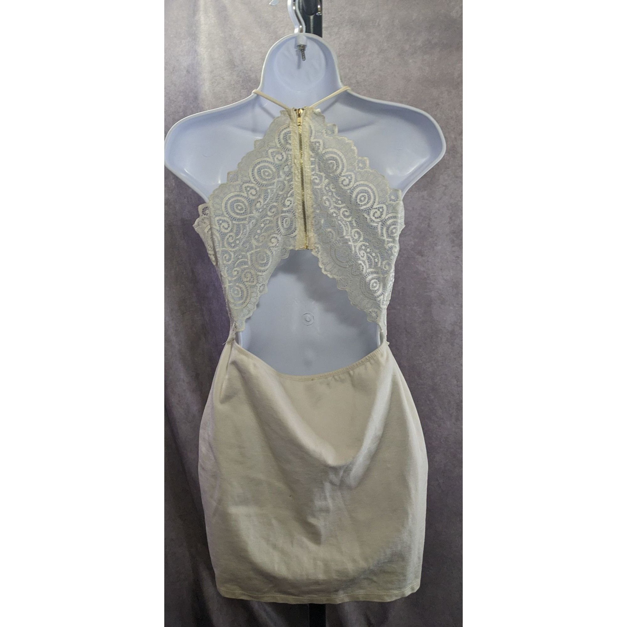Other Windsor Lace Back Halter Mini Dress In Ivory With Gold Zippe Size L / US 10 / IT 46 - 5 Thumbnail