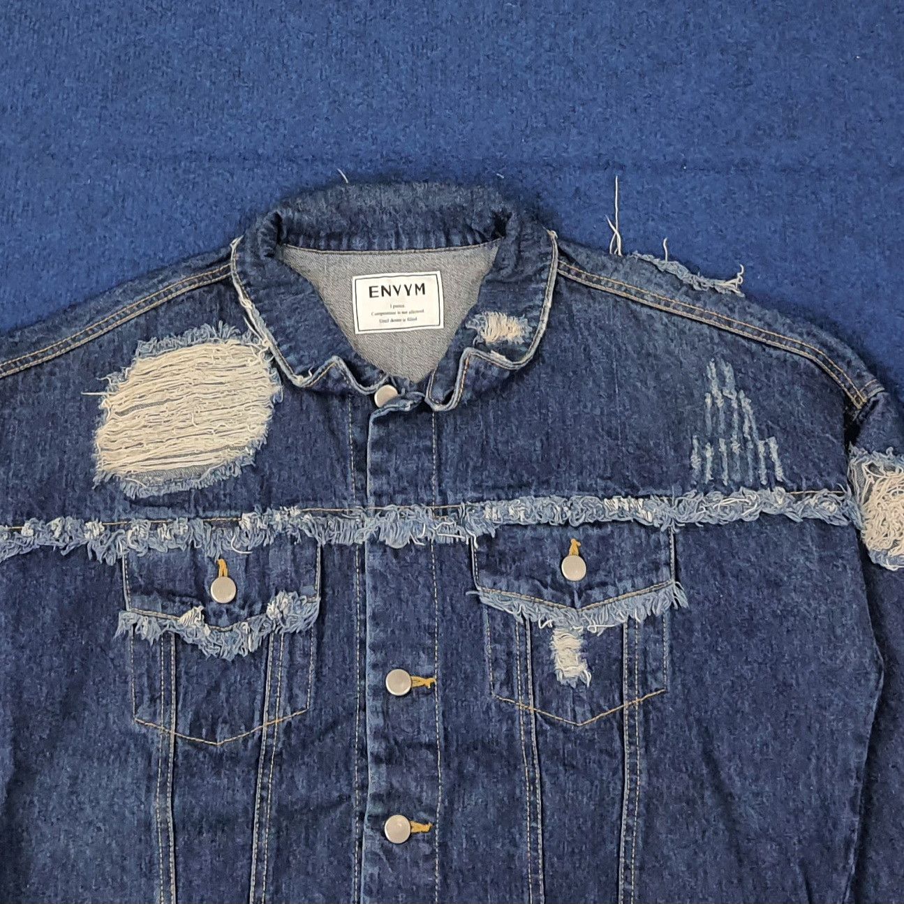 For All To Envy ENVYM Ripped Denim Cropped Sleeve Raw Hem Jacket C266N20 Size US L / EU 52-54 / 3 - 2 Thumbnail