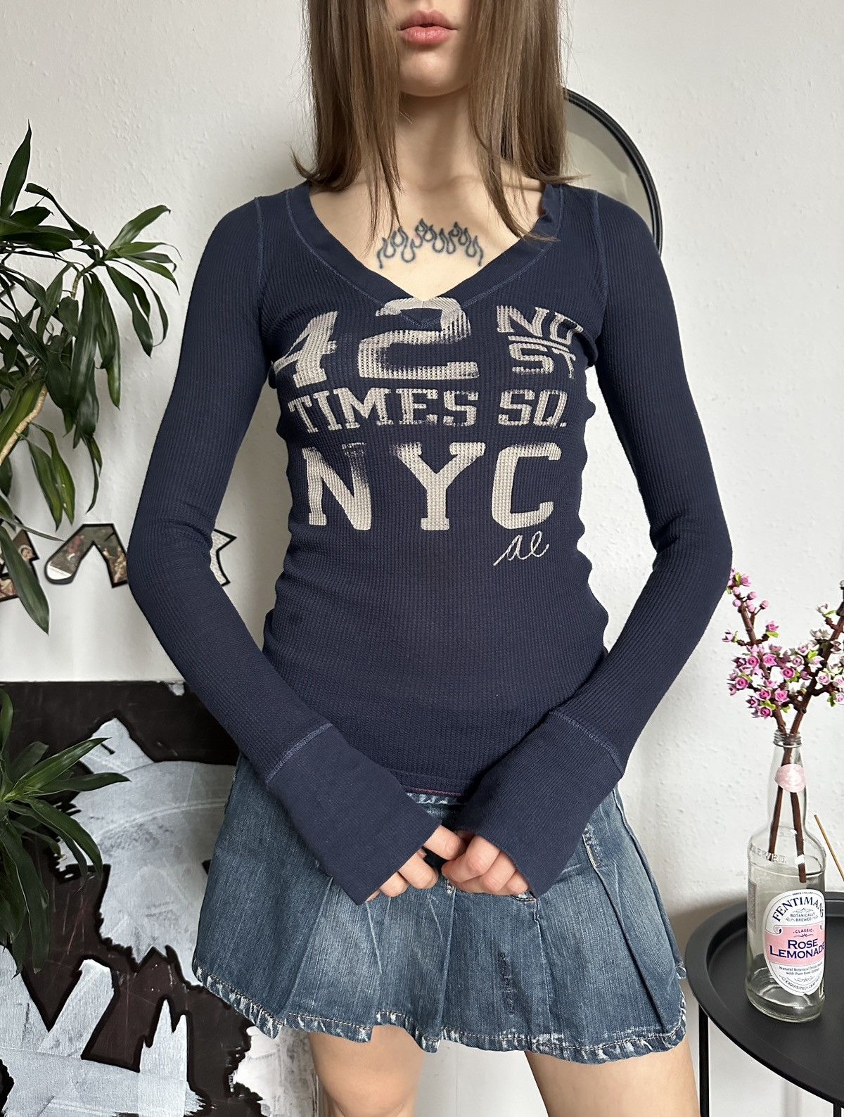 American Eagle Outfitters × Vintage 2000s American Eagle Waffle Sheath Skinny Long Sleeve Top Size XS / US 0-2 / IT 36-38 - 2 Thumbnail