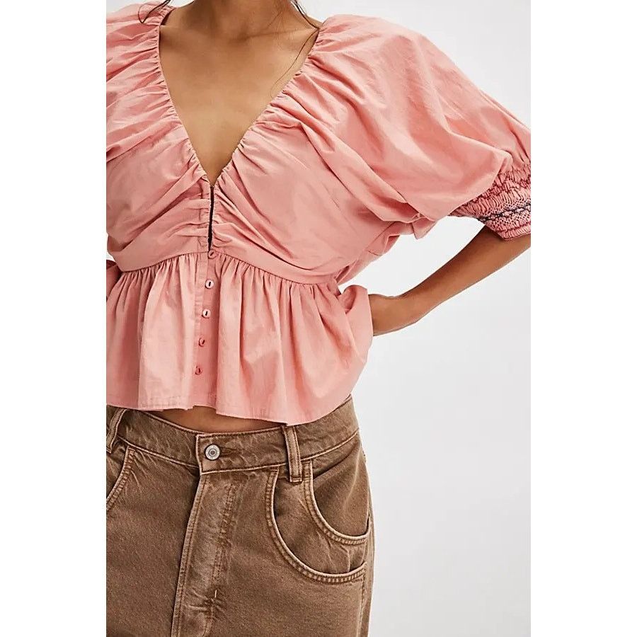 Free People New Where We Meet Smocked Blouse $128 MEDIUM Rose Blush Pink Size M / US 6-8 / IT 42-44 - 2 Thumbnail