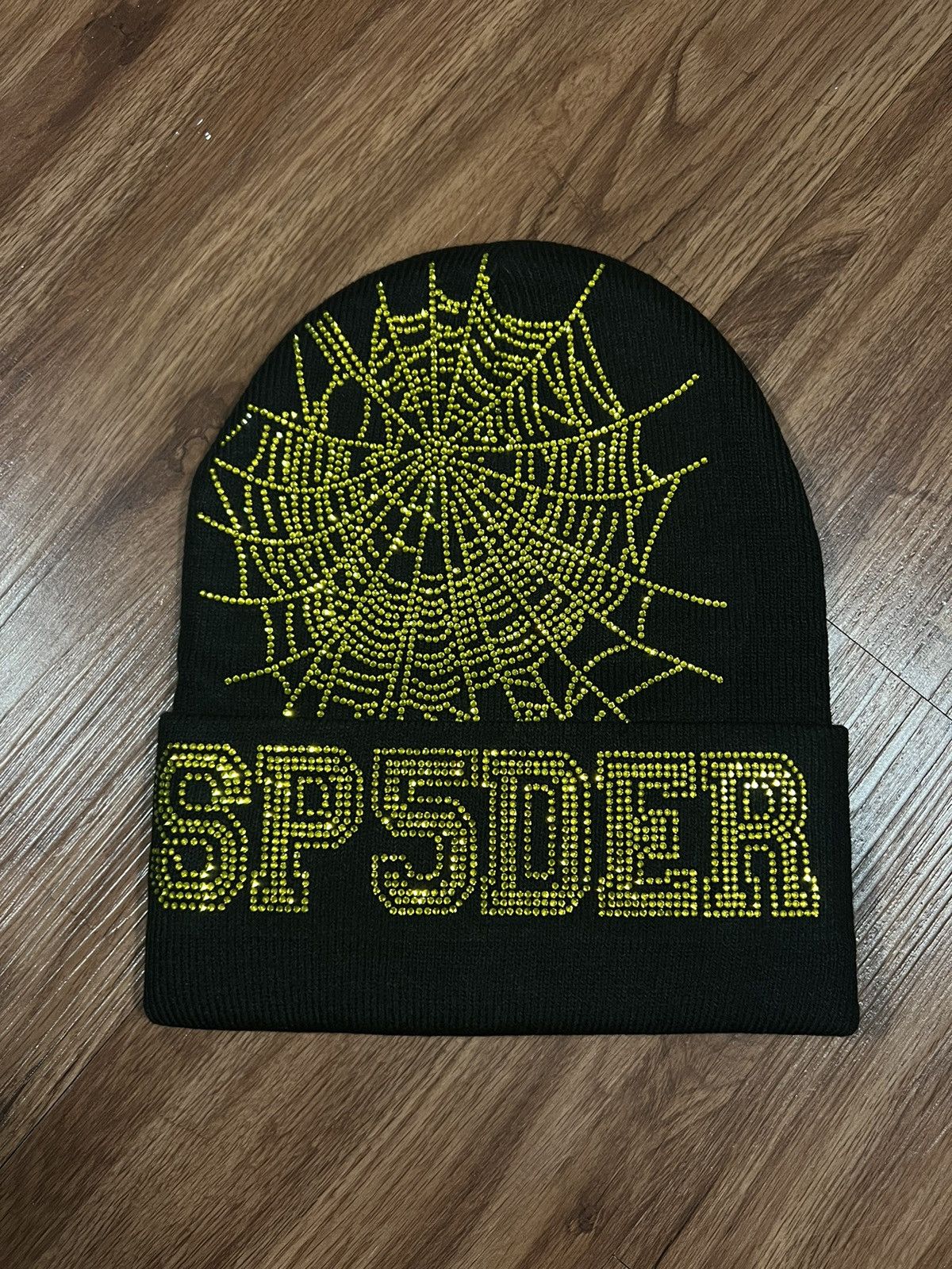 image of Hypebeast x Spider Worldwide Sp5Der Worldwide Spider Rhinestone Web Beanie in Black/Yellow, Men's