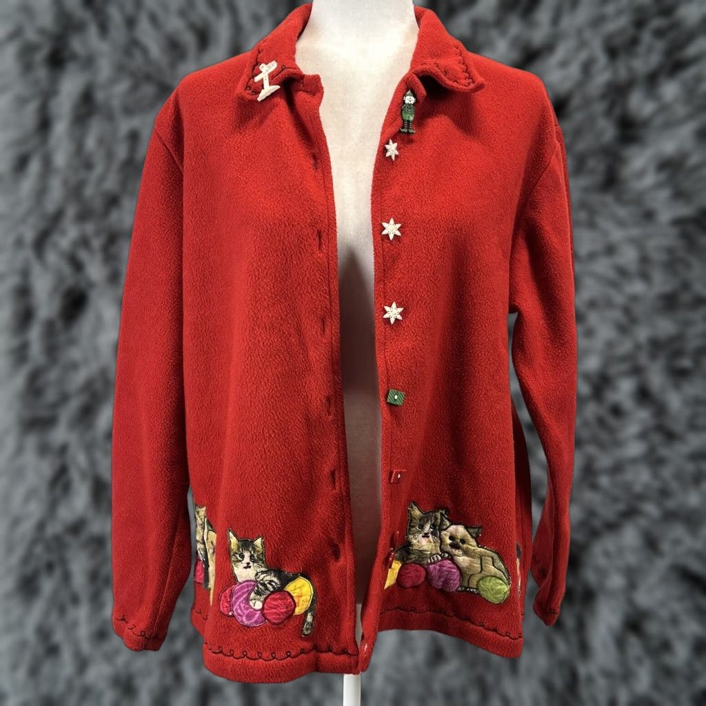 Vintage VINTAGE Take Two Fleece Jacket Womens Christmas Cats Medium Red | Jacket | Women | Vintage 2000s Size M / US 6-8 / IT 42-44 - 1 Thumbnail