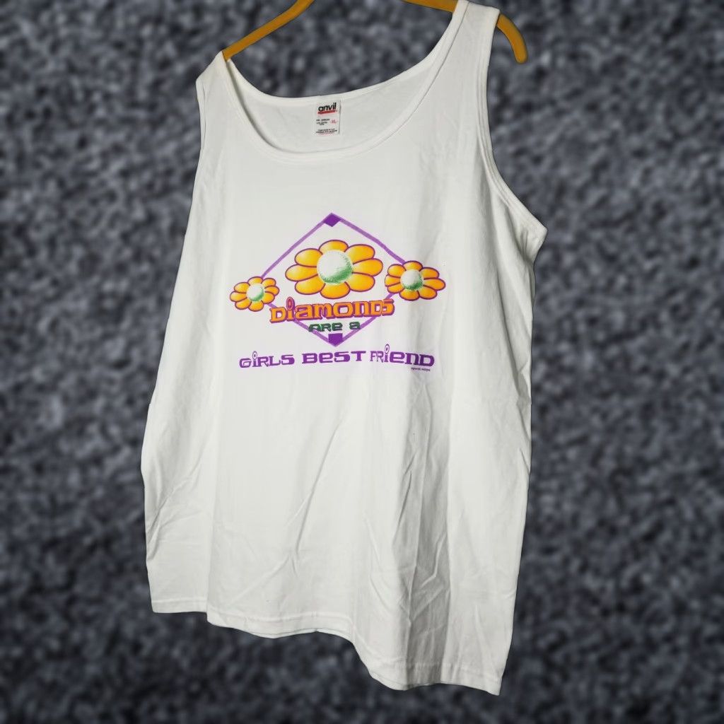 Anvil VINTAGE Anvil Diamonds Are A Girl's Best Friend Softball Tank Top Adult XL White Sleeveless Cotton Muscle Tee Girls 90s Theme Size XL / US 12-14 / IT 48-50 - 1 Thumbnail