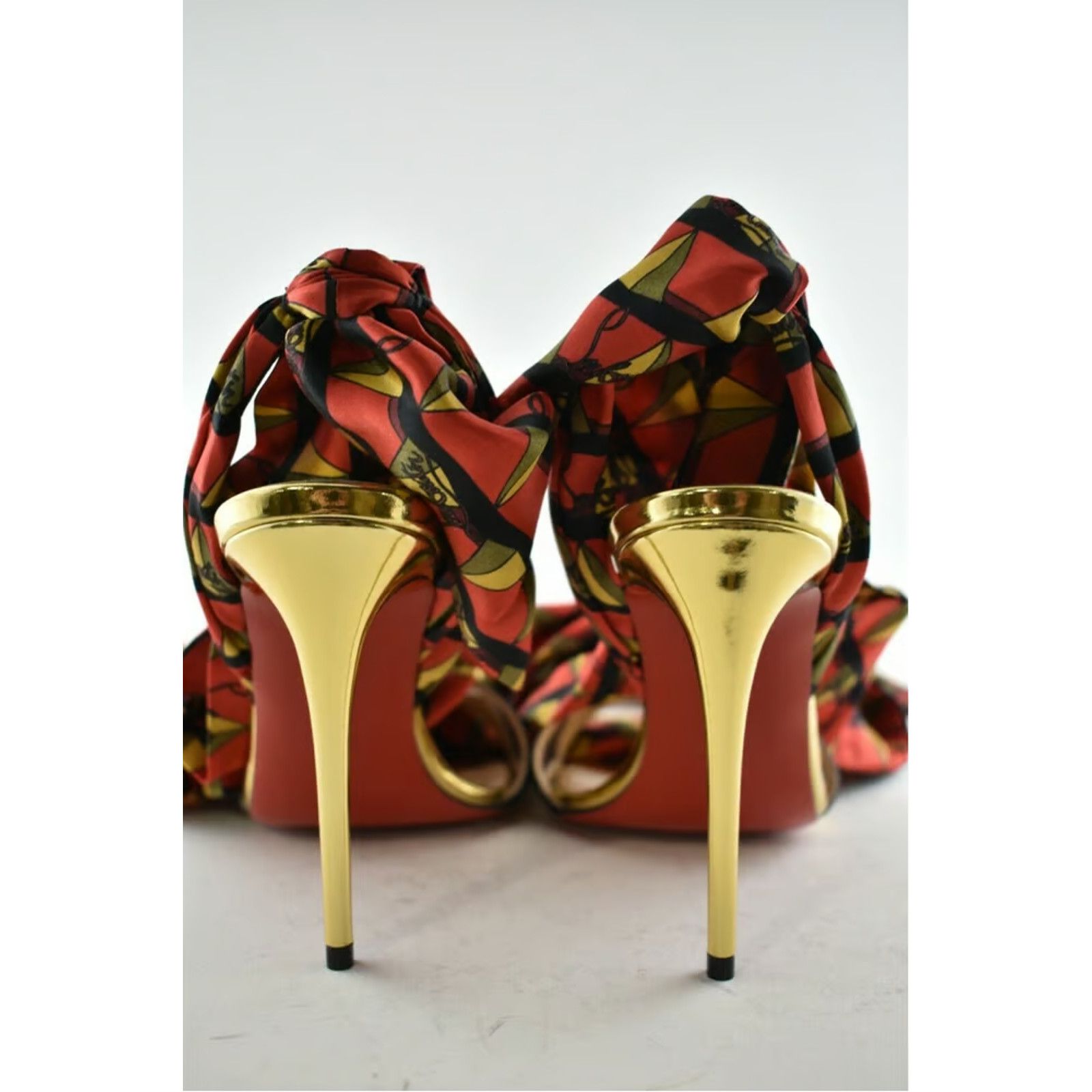 Christian Louboutin Baigneuse 100 Black Gold Red Lace Up Sandal Heel Pump 36.5 Size US 6.5 / IT 36.5 - 3 Thumbnail
