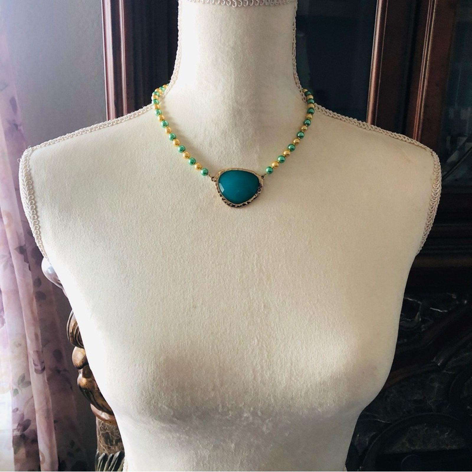Handmade Handcrafted repurpose teal green dome glass Pearl necklace Size ONE SIZE - 5 Thumbnail