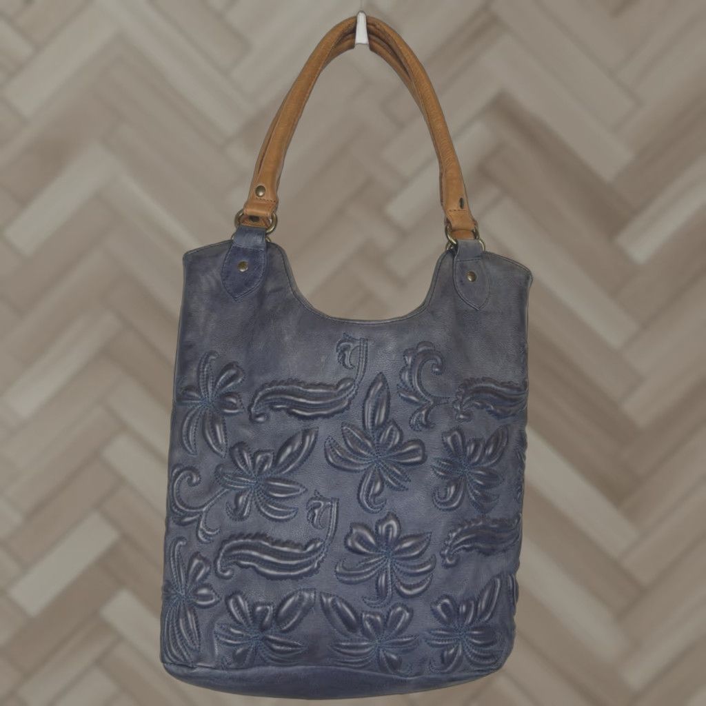 Vintage NorthStyle Shoulder Bag Blue Floral Leather Handbag Tan Medium Size ONE SIZE - 1 Thumbnail