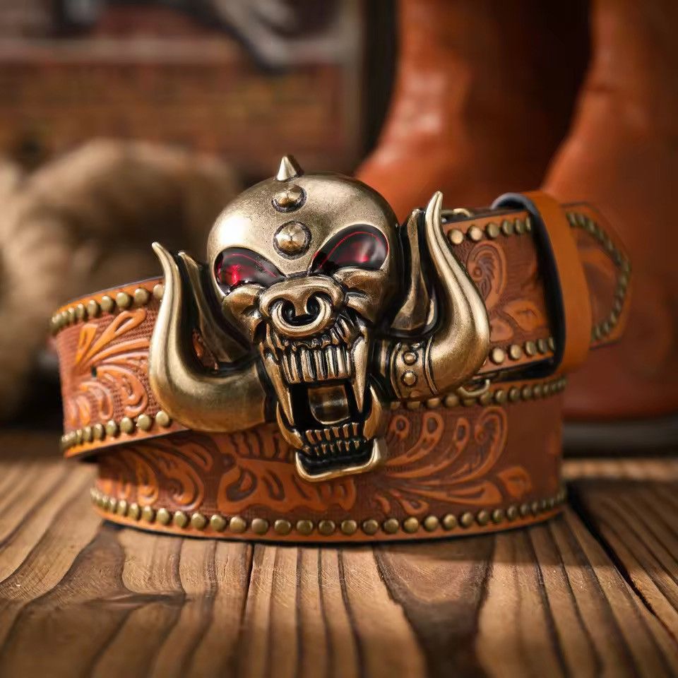Japanese Brand Trendy Gothic Punk Costume Bull Skulls Buckle Belt Size 42 - 2 Thumbnail