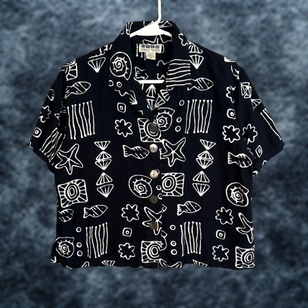 Vintage Nomadic Traders Shirt Womens Medium Black & White Short Sleeve Button-Up Size M / US 6-8 / IT 42-44 - 1 Thumbnail