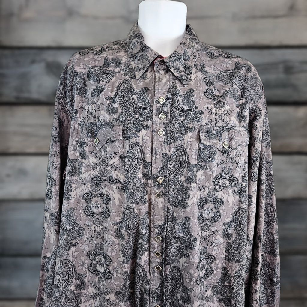 Roper Roper Mens Pearl Snap Shirt 2XL Gray Black Paisley Floral Long Sleeve Shirt Mens Size US XXL / EU 58 / 5 - 1 Thumbnail
