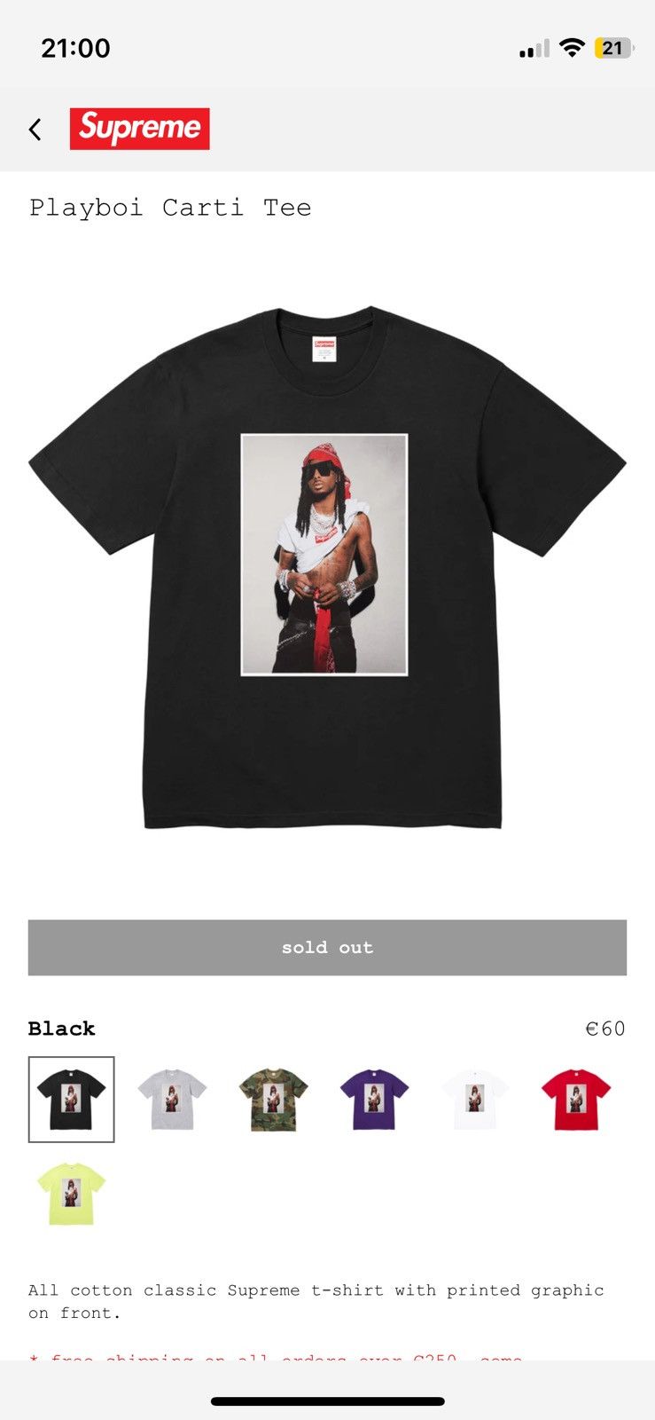 ①【 新品】Supreme Playboi Carti Tee Black L Supreme Playboi Carti Tee Black Men's - FW25 - US