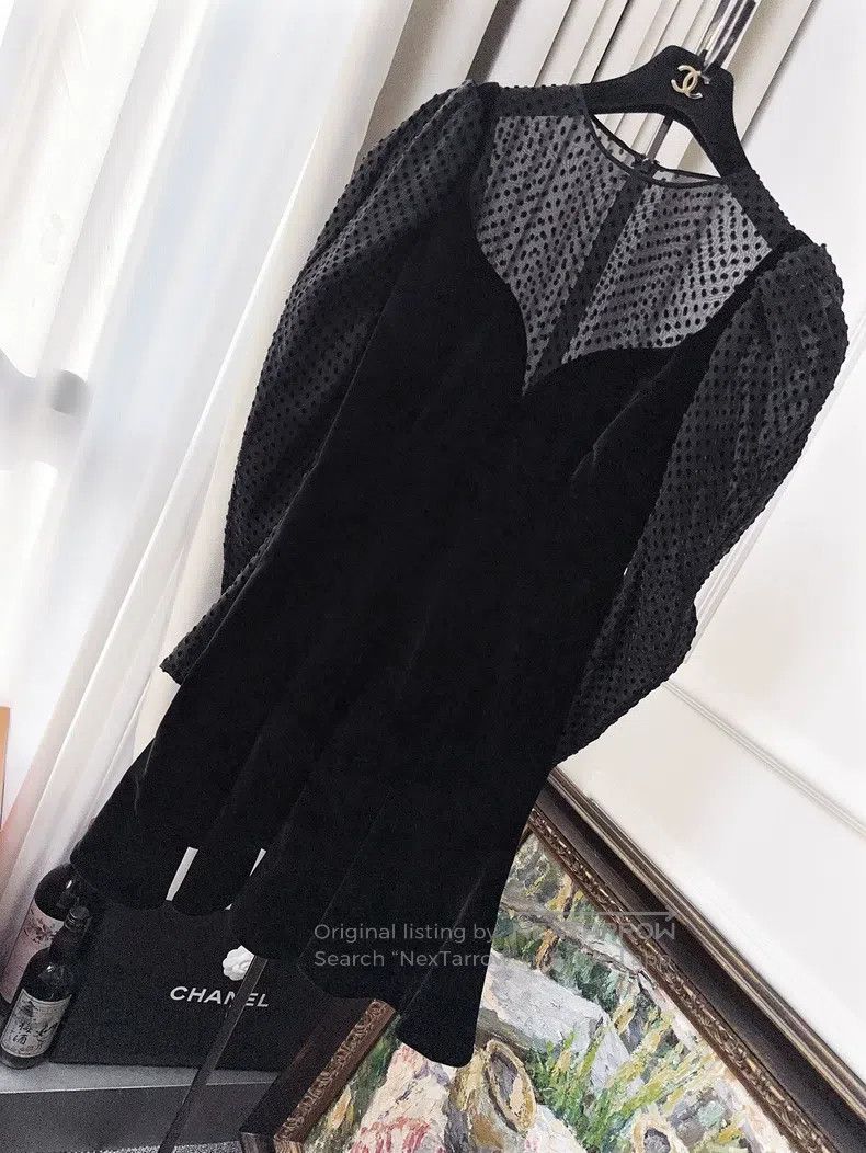 Valentino Black velvet polka dot long-sleeved dress