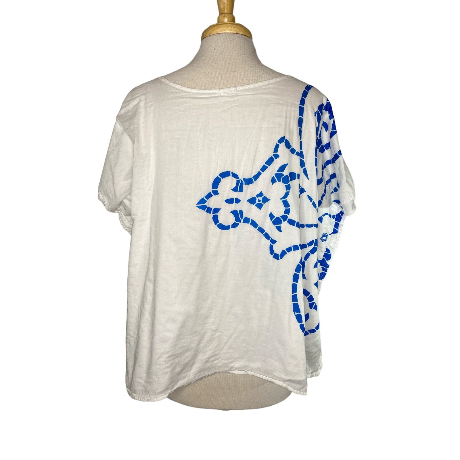 MONROW MONROW Blue White Woven One Size Top Blouse 100% Cotton Size ONE SIZE - 3 Thumbnail