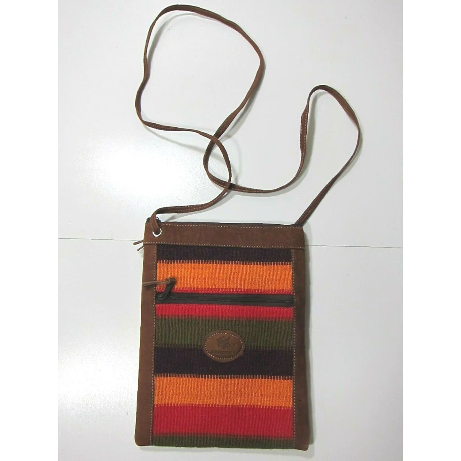 Vintage Guatemala Brown Leather Green Purple Orange Red Textile Crossbody Travel Purse - like new condition - 24" strap drop - 7" width - 9 2/8" depth Size ONE SIZE - 5 Thumbnail