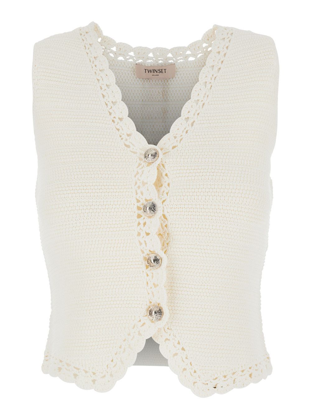 TWINSET V-Neck Crochet Knit Vest in White Viscose Blend for Women Size S / US 4 / IT 40 - 1 Thumbnail
