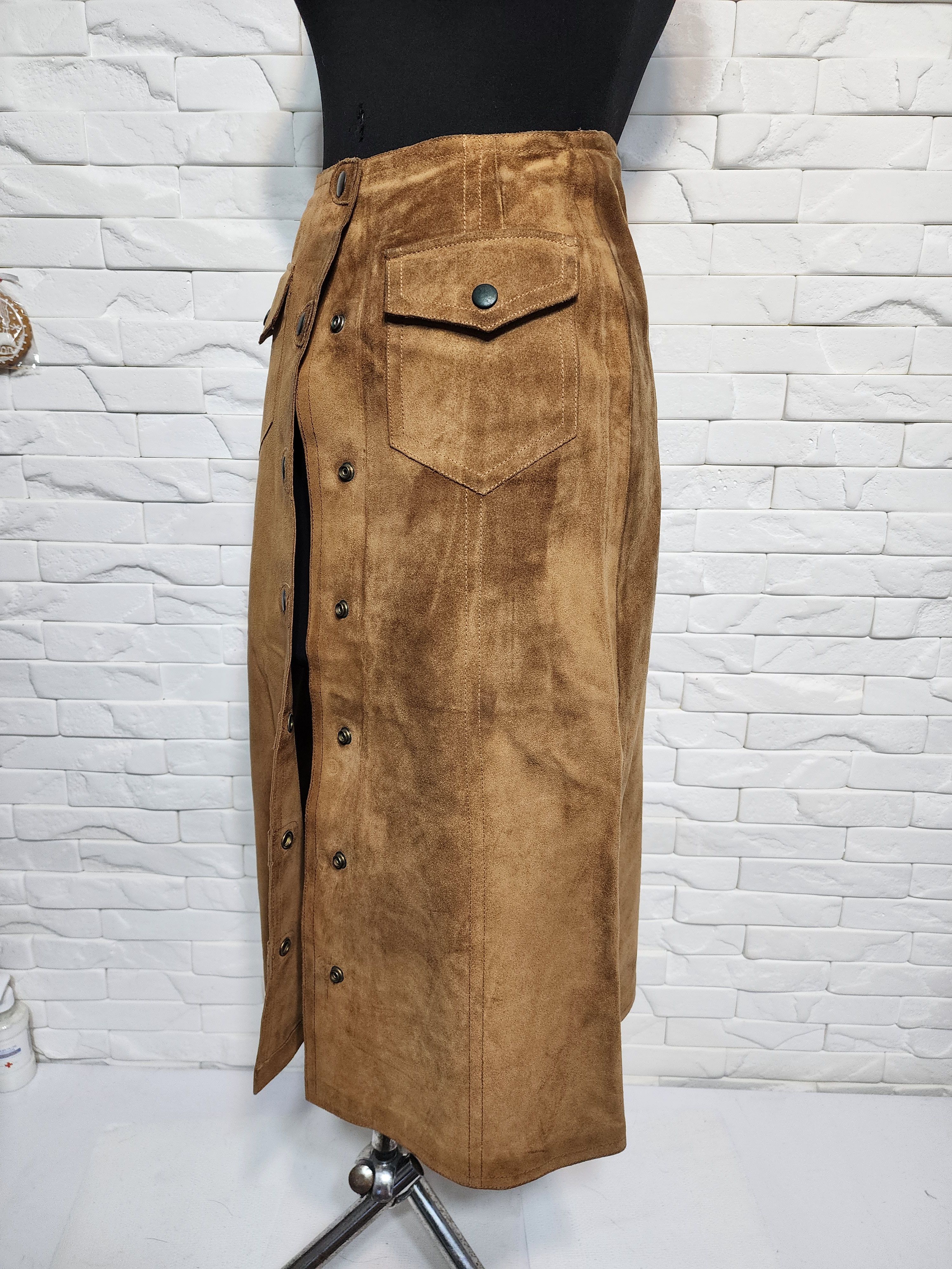 Other Brown Suede Leather Skirt, Metal Buttons Fasteners Size 28" / US 6 / IT 42 - 2 Thumbnail