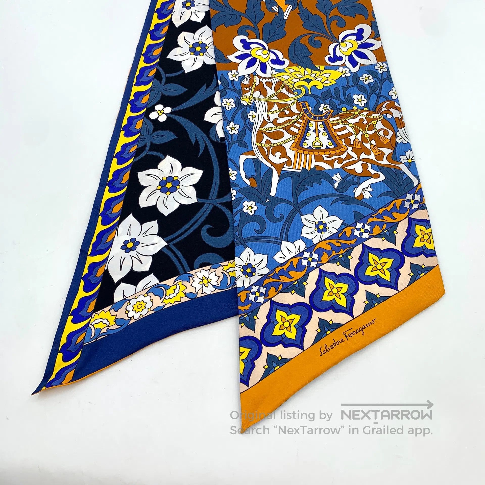 Salvatore Ferragamo Salvatore Ferragamo Dark Blue Floral Animal Print Silk Sca Size ONE SIZE - 6 Thumbnail