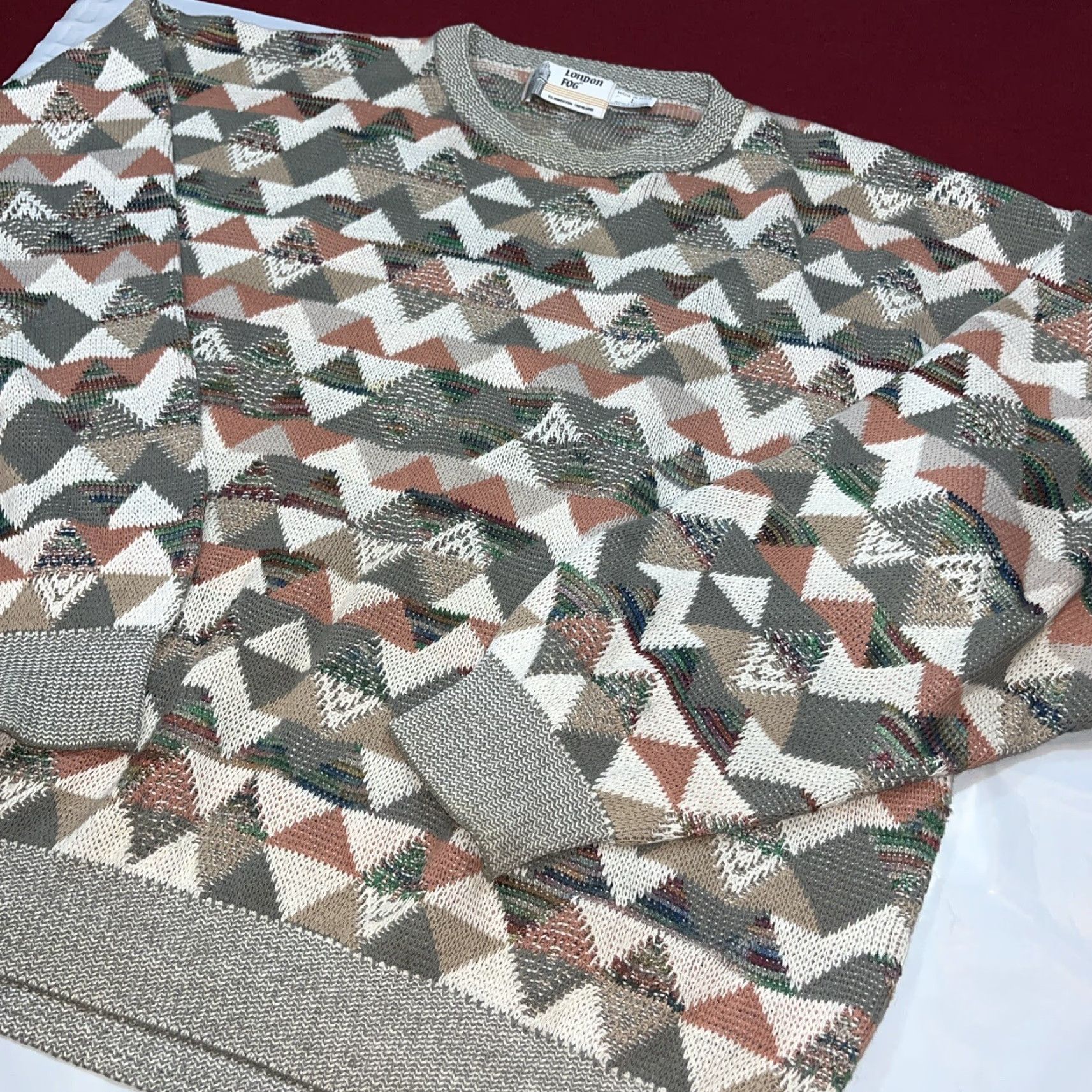 London Fog VINTAGE London Fog Sweater Geometric 90s Gray Beige Tan Triangles Knit L Mens Size US L / EU 52-54 / 3 - 6 Thumbnail