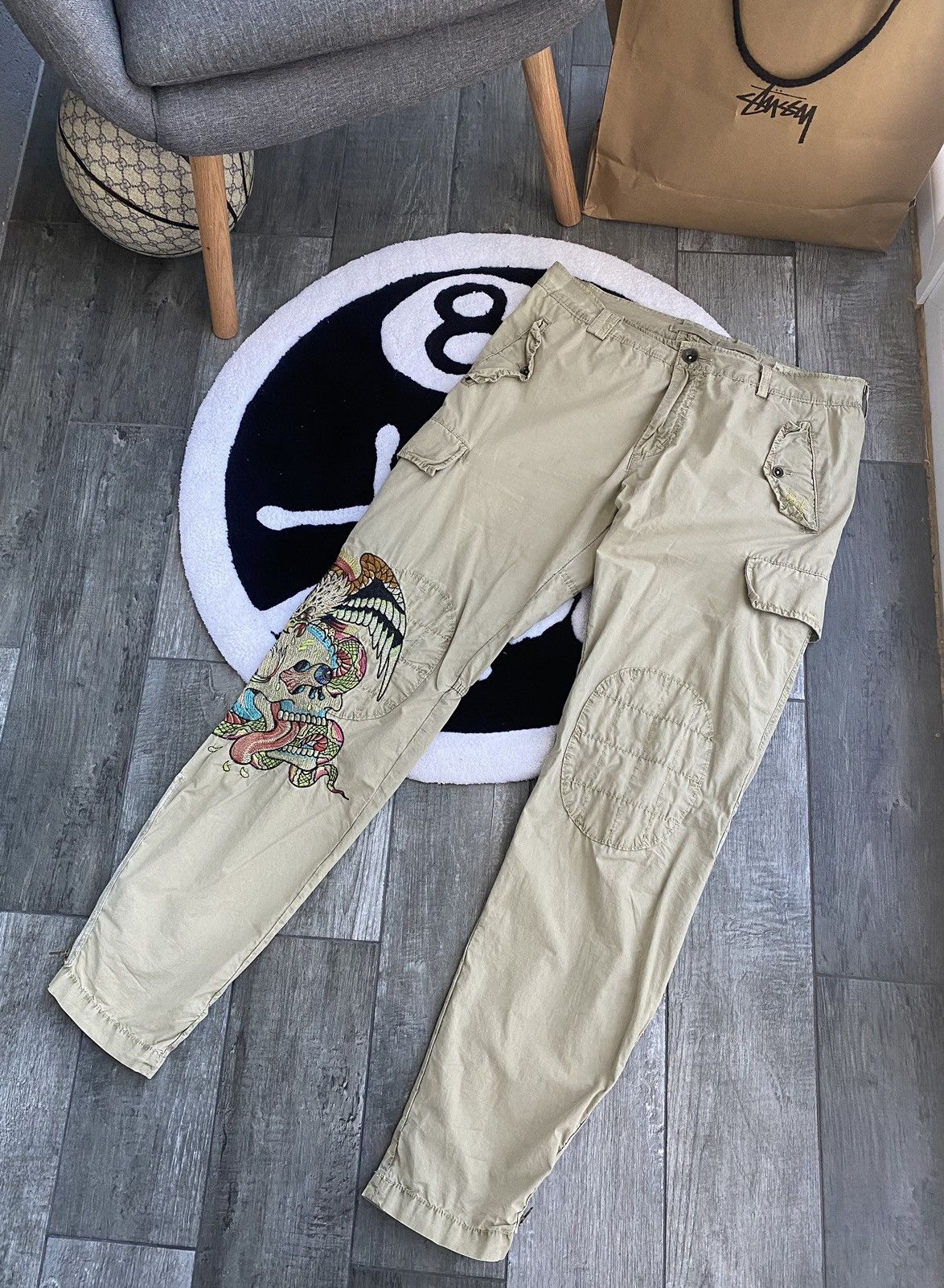 Pre-owned Christian Audigier X Ed Hardy By Christian Audigier Vintage Cargo Trousers 32/34 In Kaki