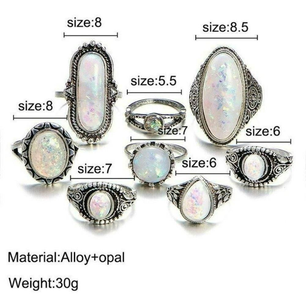 Designer 8pcs Vintage White Opal Antique Silver Ring Set Size ONE SIZE - 10 Thumbnail