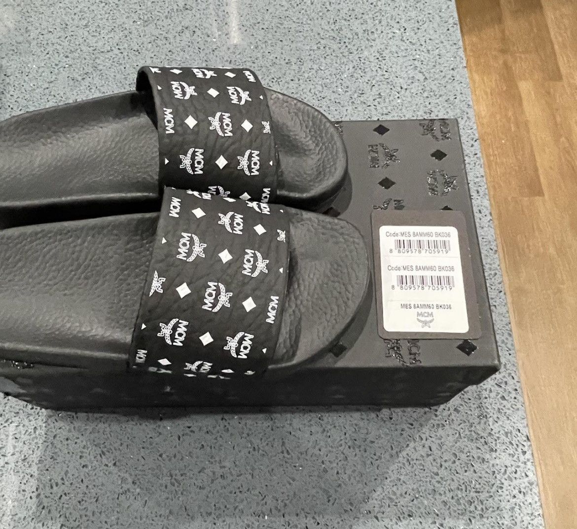 image of MCM Black Monogram Slides in Black White, Women's (Size 6)