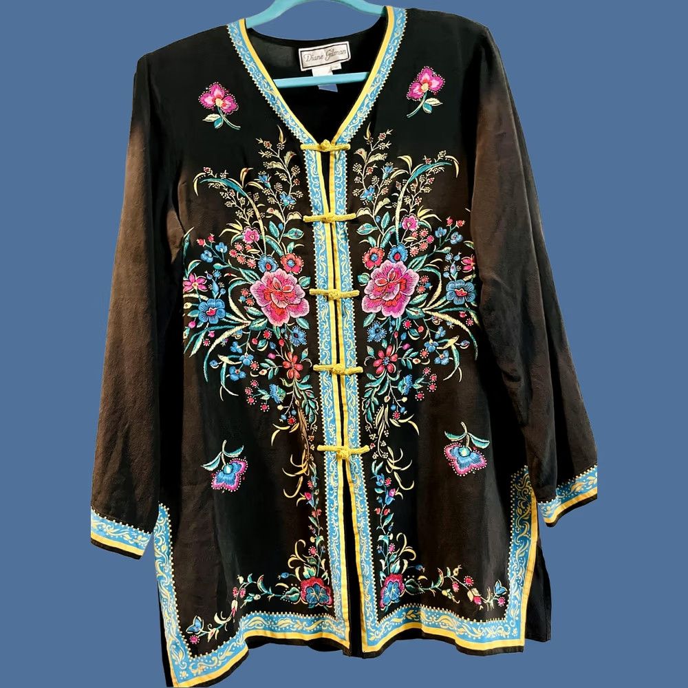 Vintage Diane Gilman Jacket Womens M Black Silk Embroidered Floral Frog Closure Kimono Style Size M / US 6-8 / IT 42-44 - 1 Thumbnail