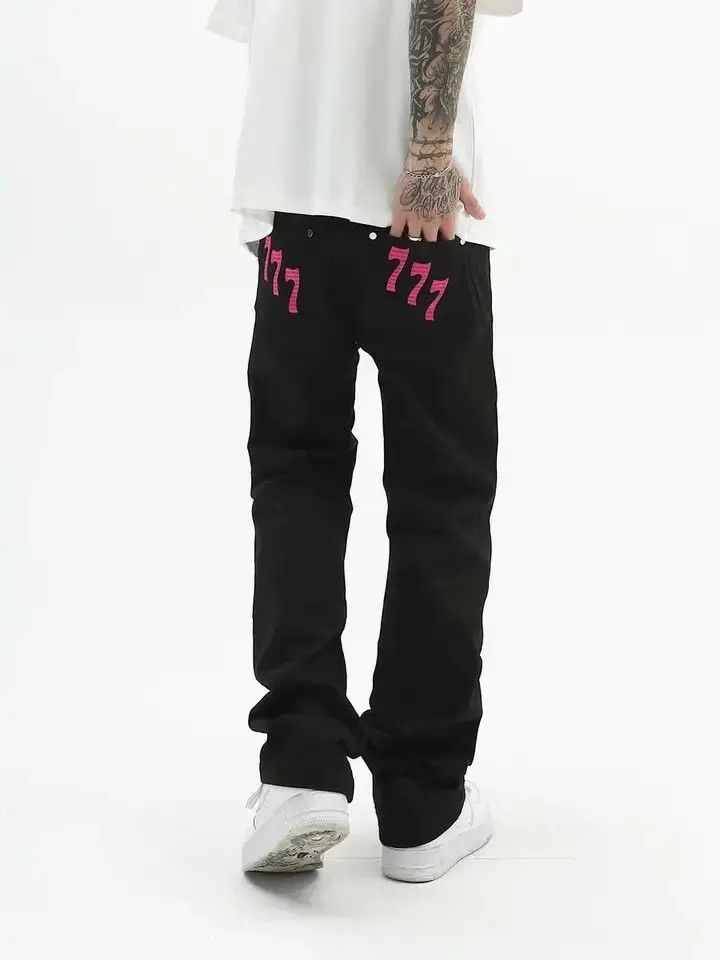 777 Black Streetwear Straight Jeans Pants