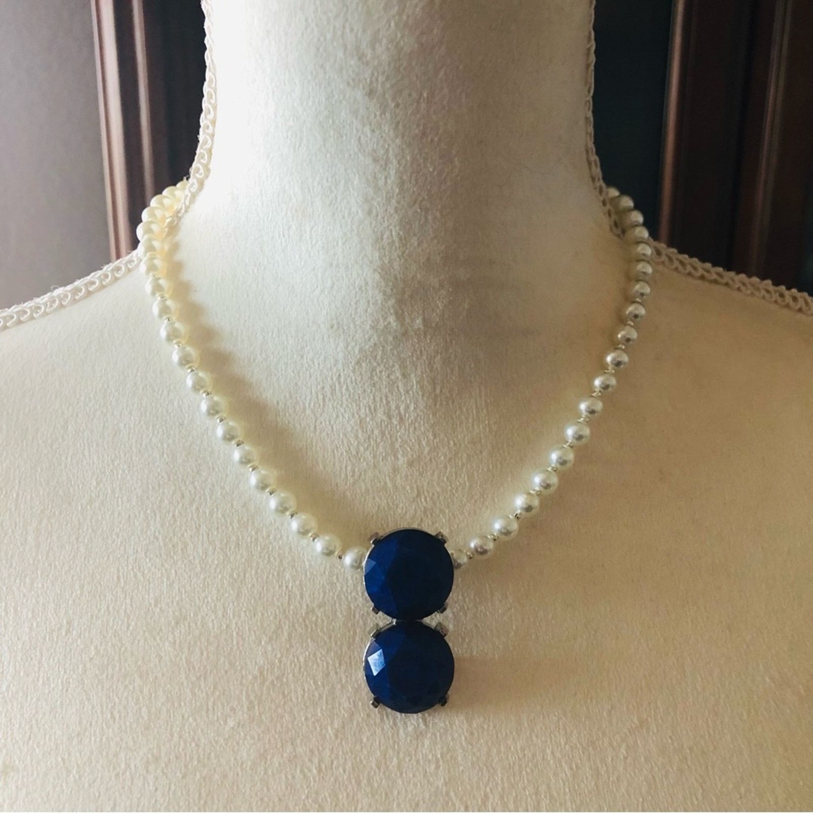 Handmade Handcrafted repurpose royal blue stone Pearl necklace Size ONE SIZE - 2 Thumbnail