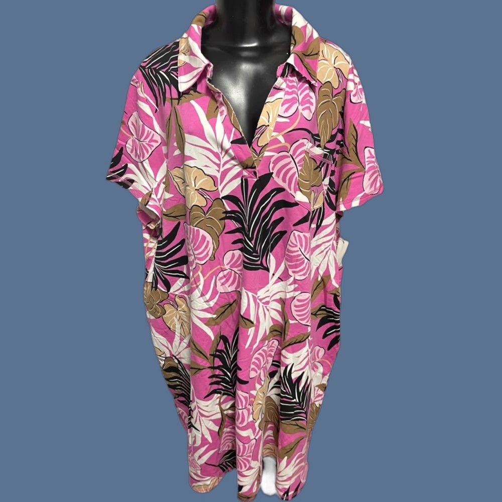 VINTAGE 3X T by Talbots New Tshirt Dress Tropical Breezy Palm Print Soft Collared Shirt Men 3X Pink Short Sleeve Tall