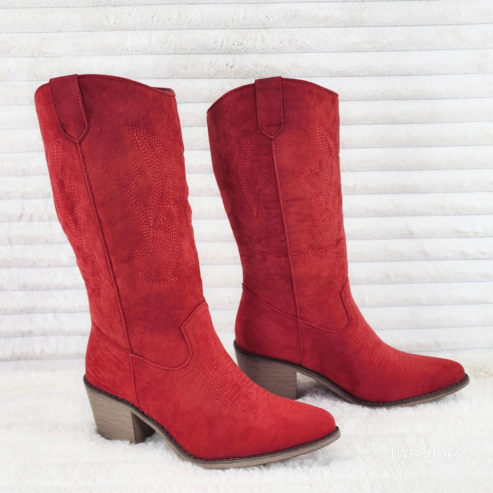 Other Wild Ones Red Faux Suede Pull On Mid Calf Cowboy Cowgirl Boo Size US 10 / IT 40 - 7 Thumbnail