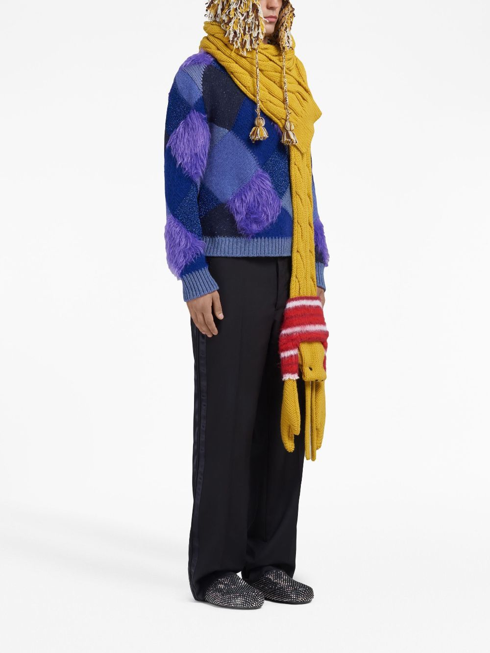 Marni o1w1db10125 Faux-Fur Argyle-Knit Jumper in Blue Size US L / EU 52-54 / 3 - 5 Thumbnail
