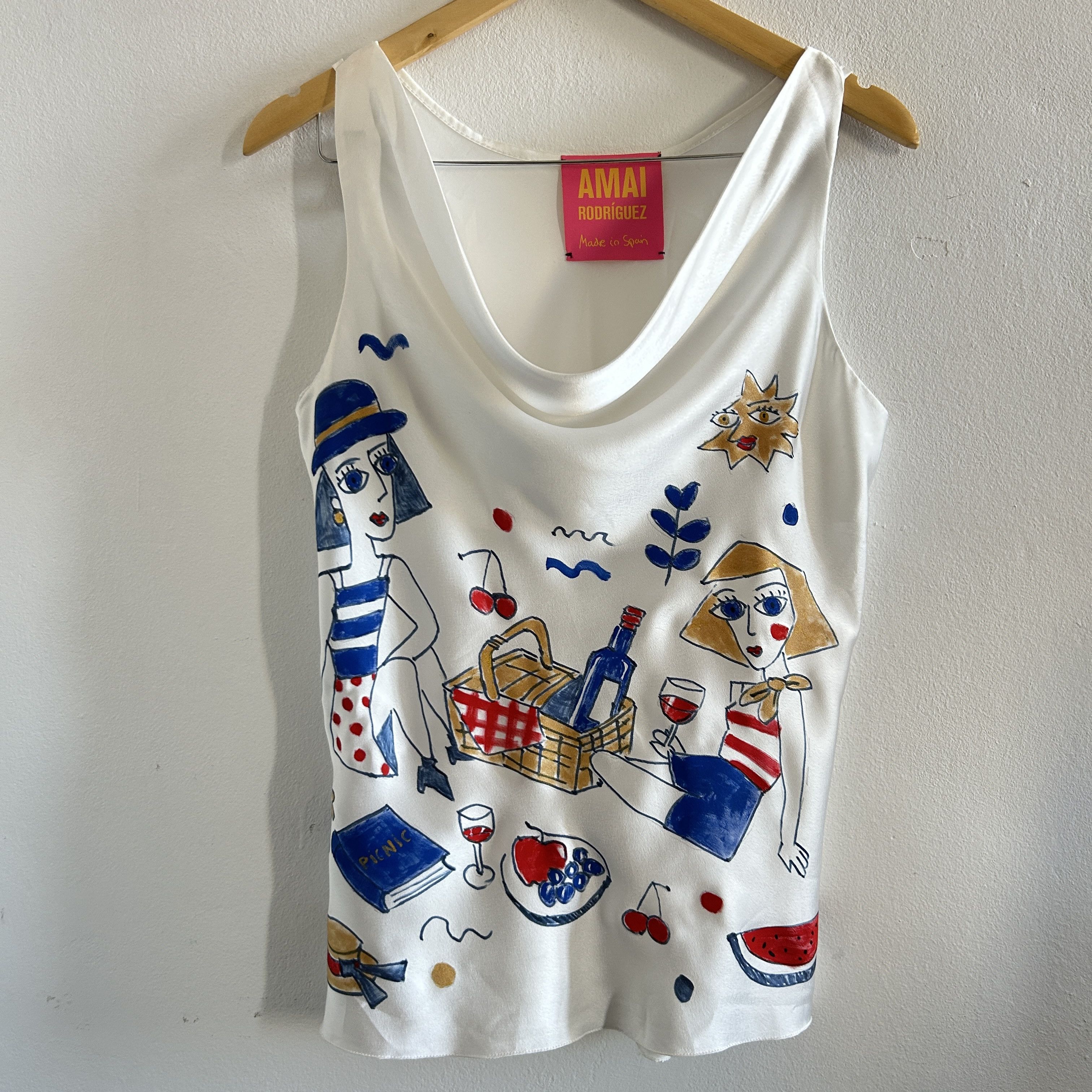 Custommade Hand Painted Picnic Satin Wearable Art Tank Top Size M / US 6-8 / IT 42-44 - 9 Thumbnail