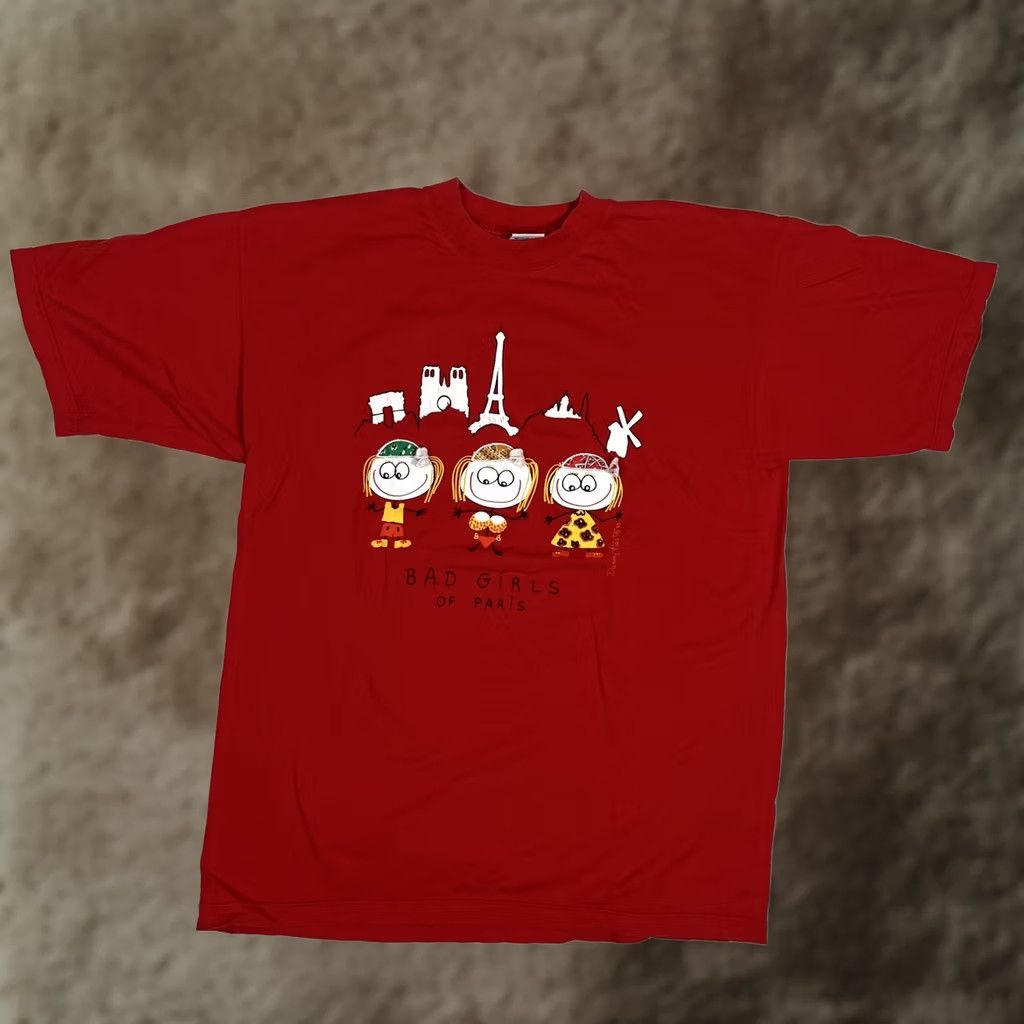 Vintage VINTAGE Alma Mater T-Shirt Paris Bad Girls Of Paris Mens XL Red Graphic Print Crew Neck Short Sleeve 90s Cartoon Size US XL / EU 56 / 4 - 1 Thumbnail